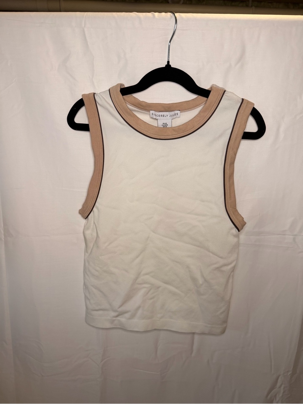 Sincerly Jules Cream Sleeveless Ribbed Crop with Tan Trim